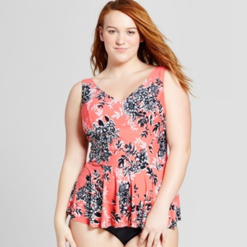 Coral Floral Peplum Tankini Top Plus Swimsuit